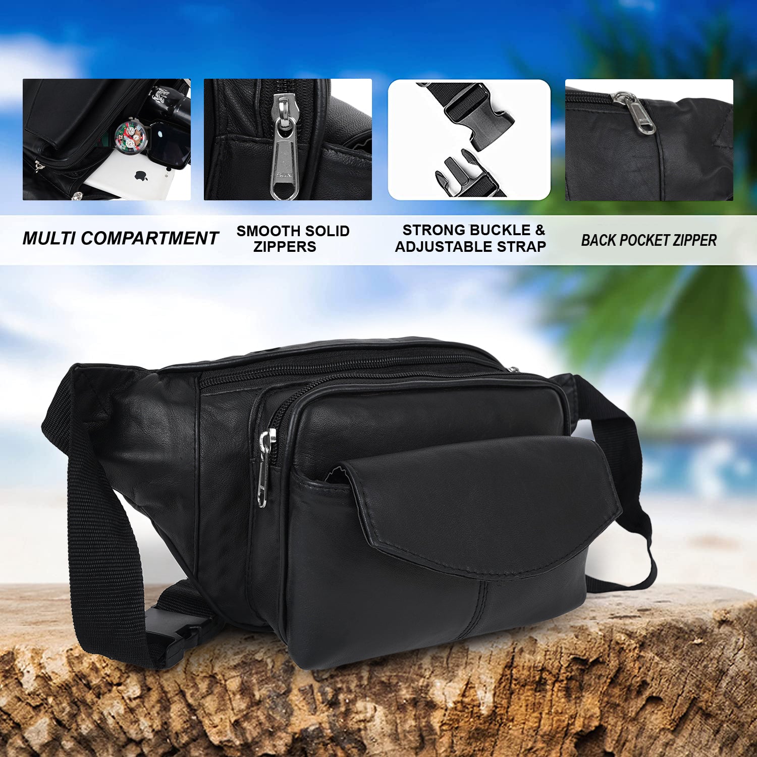 CIMONI Genuine Leather Casual Design Black Hiking Pouch Document Money Phone Goggle Pocket Waist Bag for Unisex