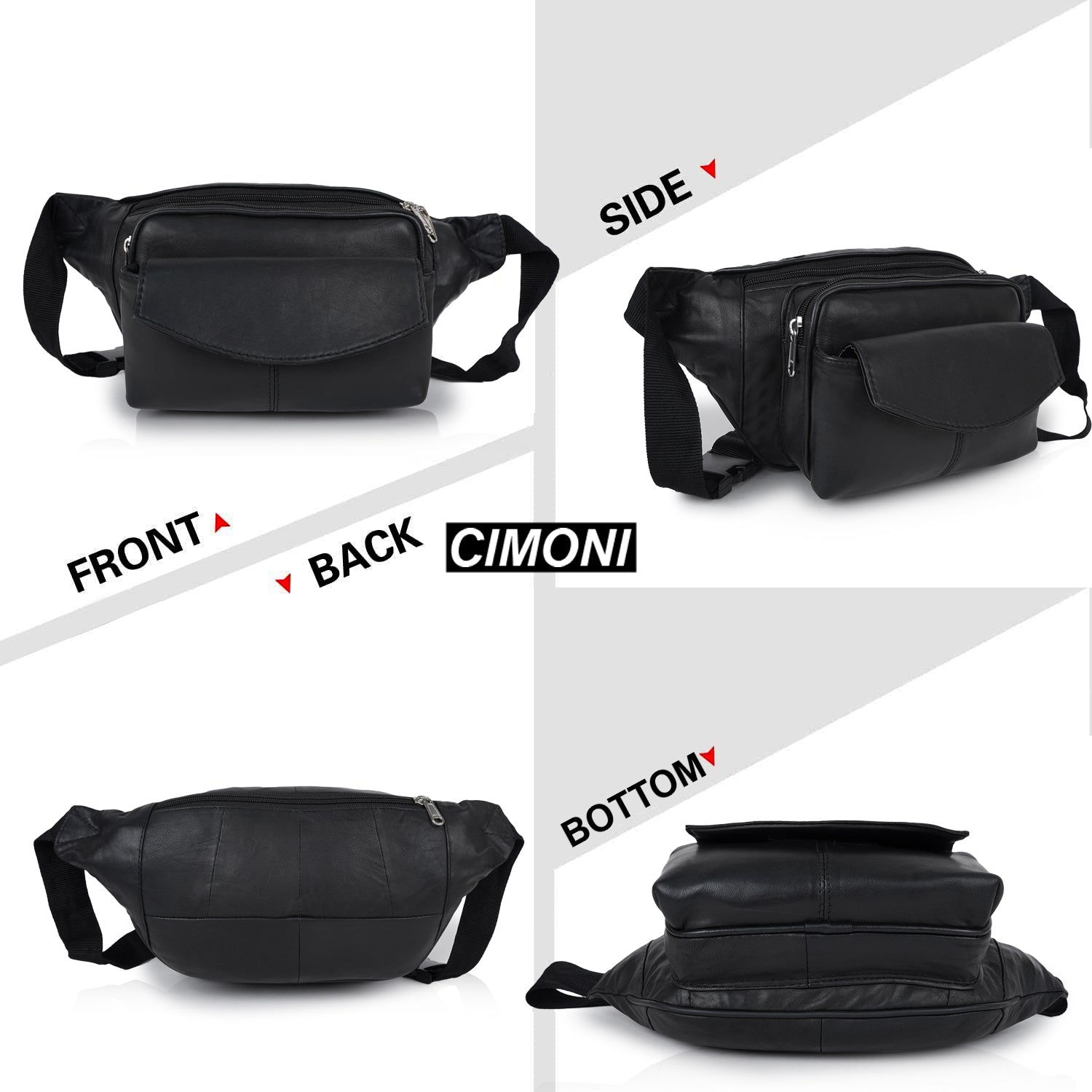 CIMONI Genuine Leather Casual Design Black Hiking Pouch Document Money Phone Goggle Pocket Waist Bag for Unisex