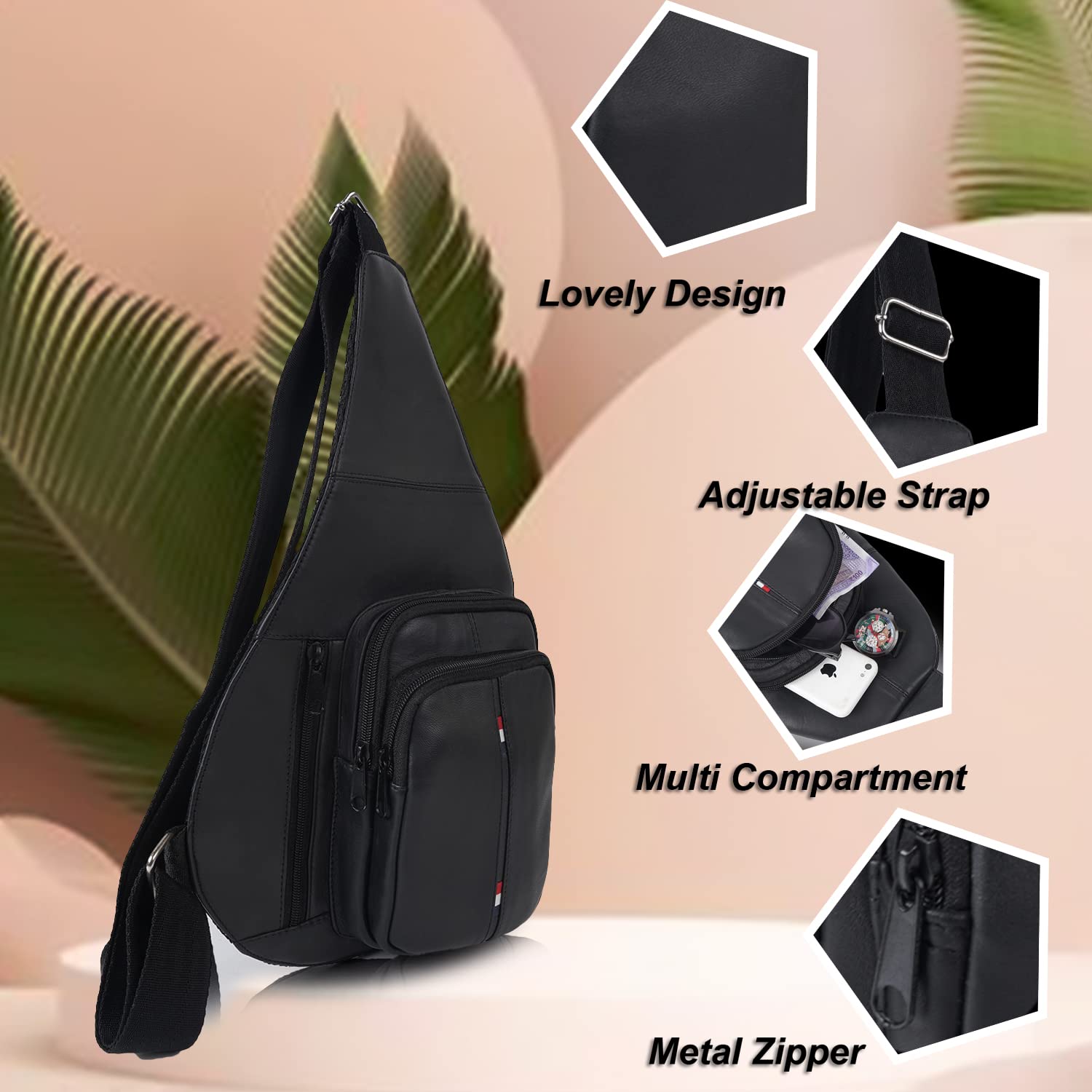 CIMONI Unisex Black Leather Structured Crossbody Bag