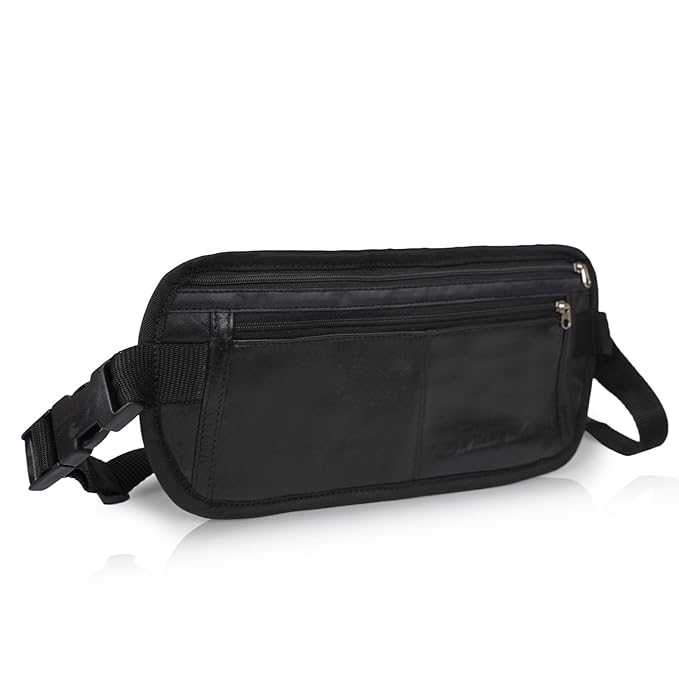 CIMONI® Premium Genuine Leather Waist Bag Classy Design Hiking Zip Pouch with Adjustable Straps Fanny Bag (Color - Black)