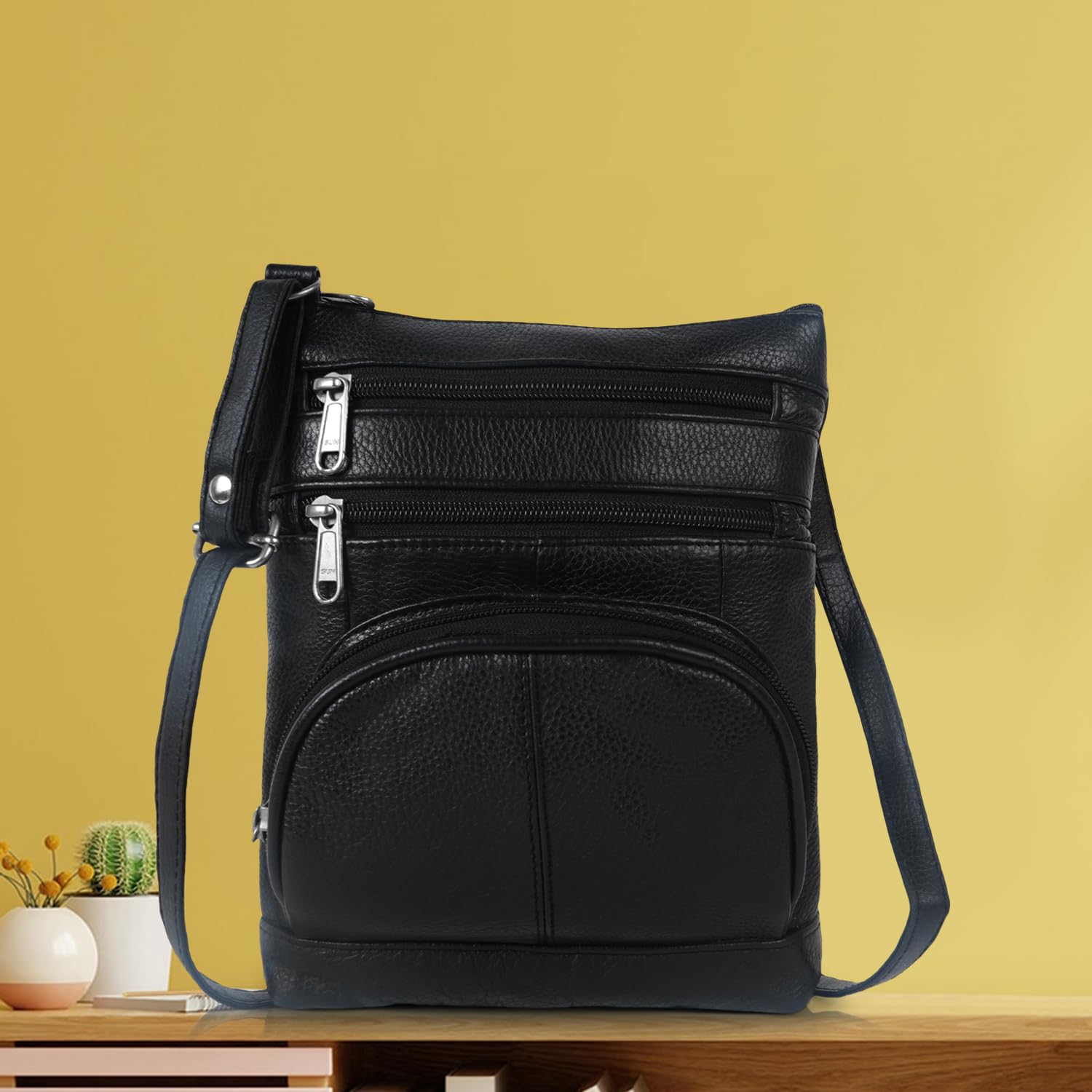 CIMONI® Premium Genuine Leather Sling Bag Stylish & Unique Design Daytrip Trendy Travel Bag Crossbody Purse For Women (Color - Black)
