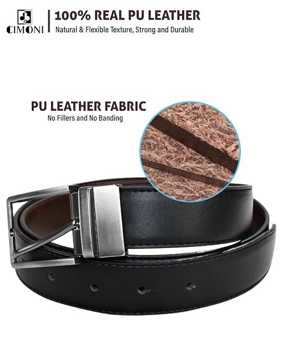 CIMONI® Reversible Vegan Leather Belt for Men with Easier Adjustable Autolock Buckle 2 in 1 Adjustable Belt Black & Brown (Pack of 1)