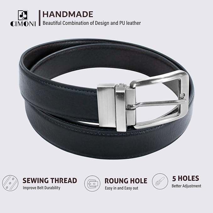 CIMONI® Reversible Vegan Leather Belt for Men with Easier Adjustable Autolock Buckle 2 in 1 Micro Adjustable Belt