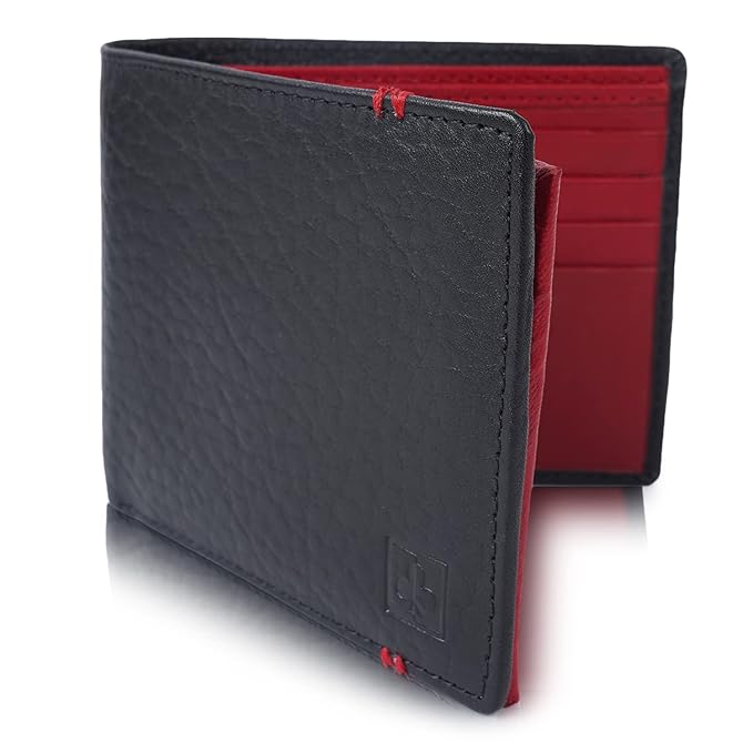 CIMONI® Premium Genuine Leather Wallet for Men Travel Casual Wallet with RFID Blocking 9 Card Sots, 2 Secret Pocket, Transparent ID Window (Color - Black & Red)