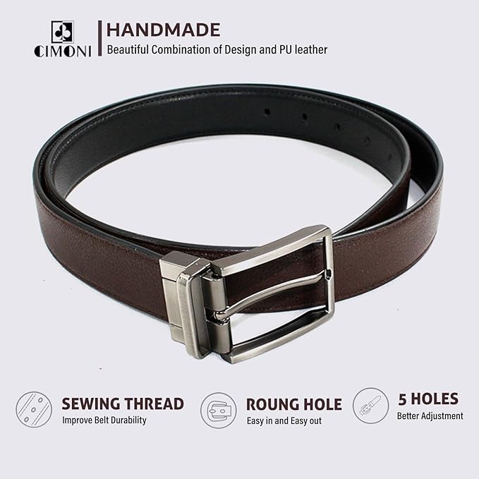 CIMONI® Reversible Vegan Leather Belt for Men with Easier Adjustable Autolock Buckle 2 in 1 Adjustable Belt (Black & Brown) - Pack of 1