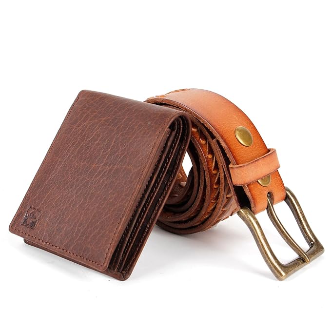 CIMONI® Premium Vegan Leather Belt & Wallet Combo for Men RFID Protection Textured Wallets