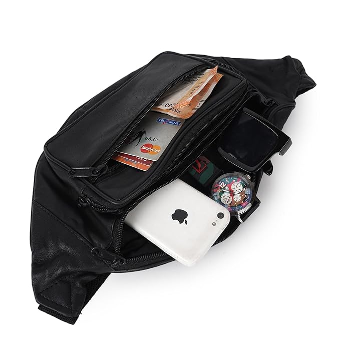CIMONI® Premium Genuine Leather Waist Bag Classy Design Hiking Zip Pouch with Adjustable Straps Fanny Bag (Color - Black)