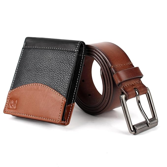 CIMONI® Premium Vegan Leather Belt & Wallet Combo for Men RFID Protection Dual Tone Wallets Classic Belts