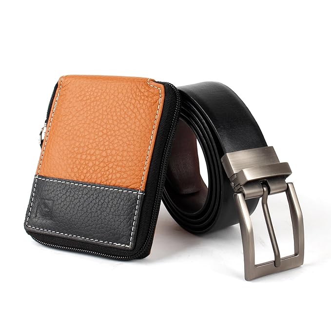 CIMONI® Premium Vegan Leather Belt & Wallet Combo for Men RFID Protection Dual Tone Wallets & Reversible Belts