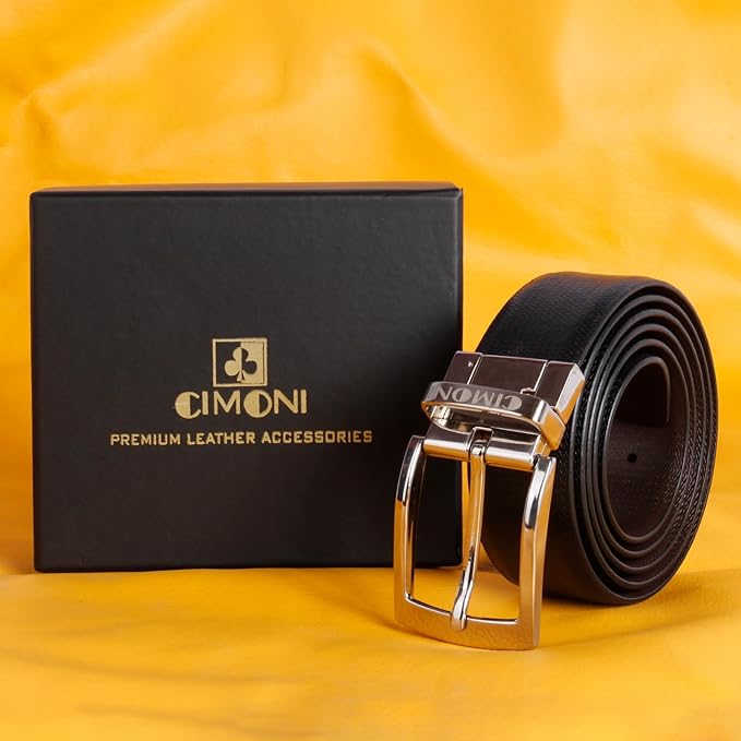 CIMONI® Premium Reversible Genuine Leather Belt for Men Jeans & Pants Wear Classic Design with Easier Adjustable Autolock Buckle 2 in 1 Adjustable Belt - Black & Brown (Pack of 1)