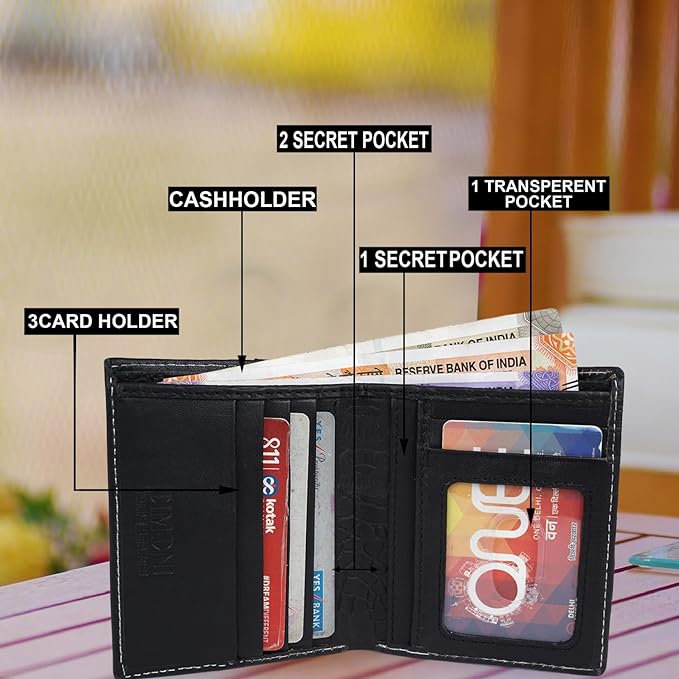 CIMONI Premium Geniune Leather Wallet for Men Travel Casual Wallet with RFID Blocking 4 Card Sots, 2 Secret Compartments,1 Coin Window (Color - Black)