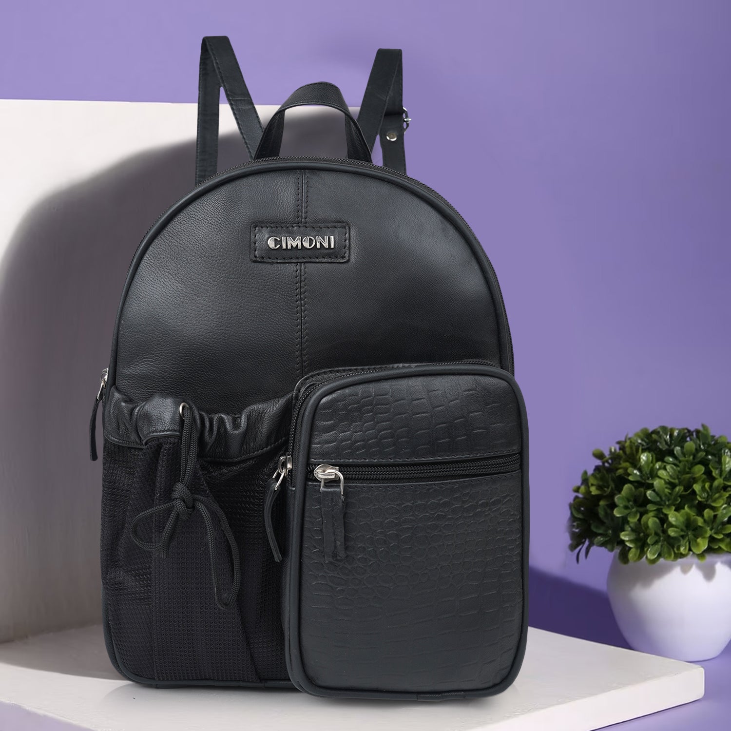 CIMONI Women Brand Logo Leather Backpack