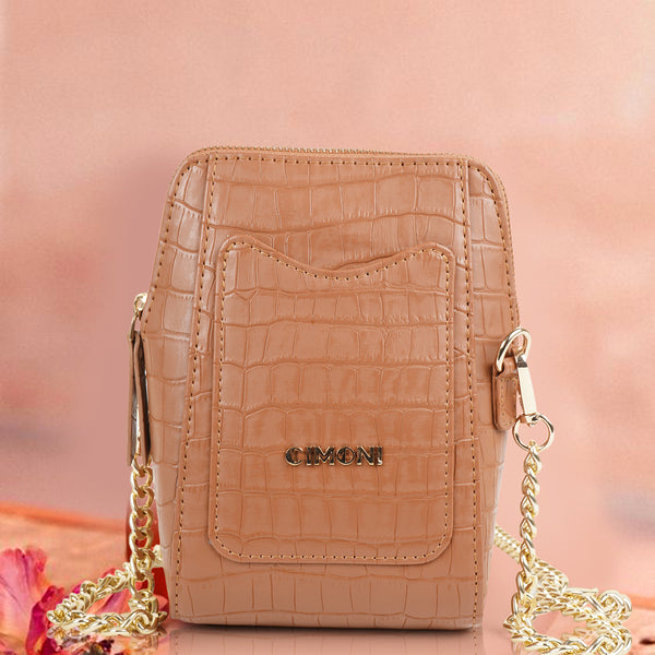 Matte Croco Tan Brown Mobile Sling Bag for Girls with Chain Strap